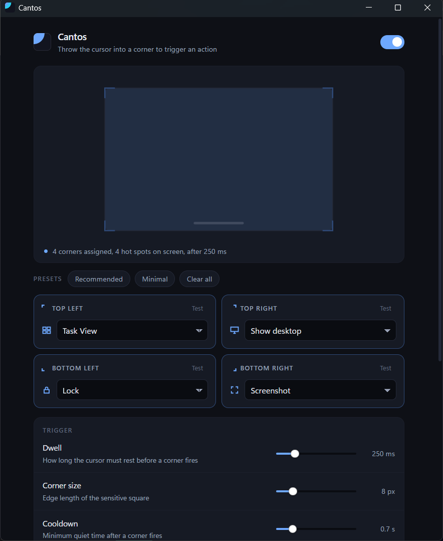 The Cantos settings window, showing the display layout with each corner's assigned action