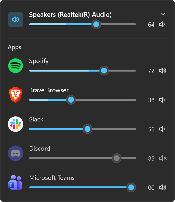 The Sonus mixer in dark mode